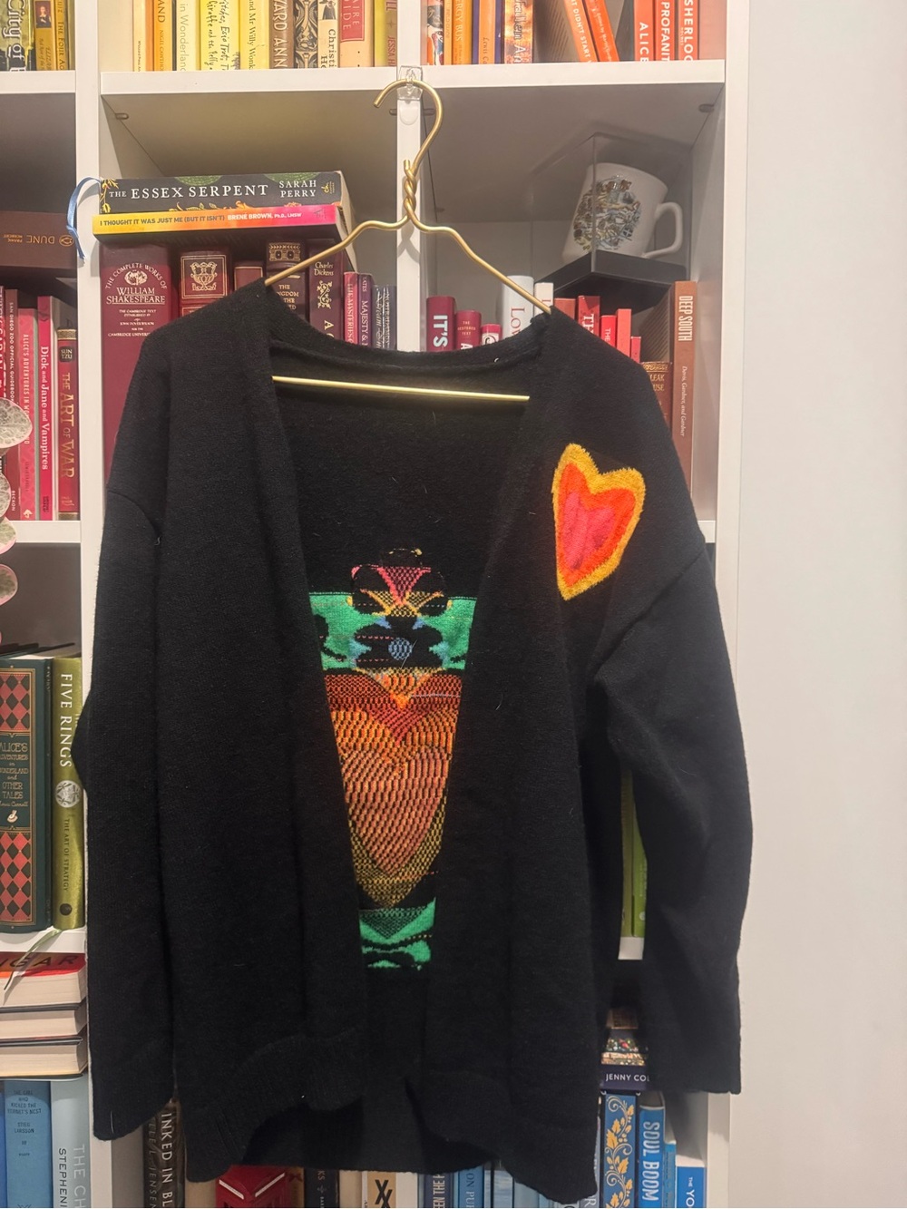 Black Women's Open Cardigan Sweater with Colorful Heart and Graphic Detail